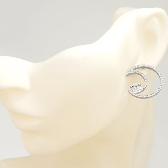 CHANEL CC Logos Rhinestone Crescent Moon Stud Earrings Silver Tone B17K Auth - Picture 6 of 6